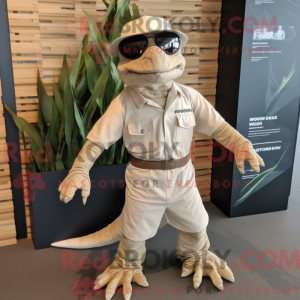 Mascot character of a Beige Komodo Dragon dressed with a Romper and Sunglasses