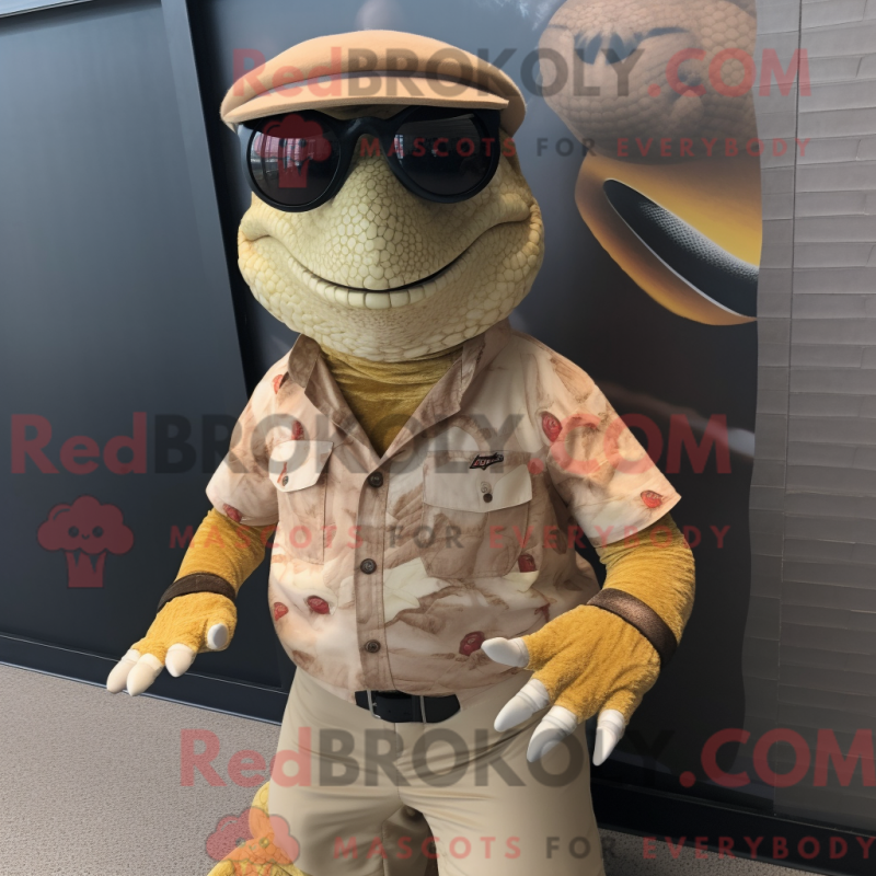 Mascot character of a Beige Komodo Dragon dressed with a Romper and Sunglasses