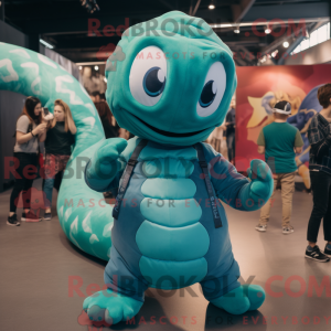 Mascot character of a Teal Hydra dressed with a Overalls and Wraps