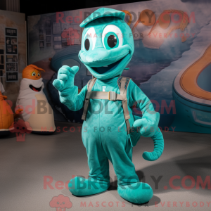 Mascot character of a Teal Hydra dressed with a Overalls and Wraps