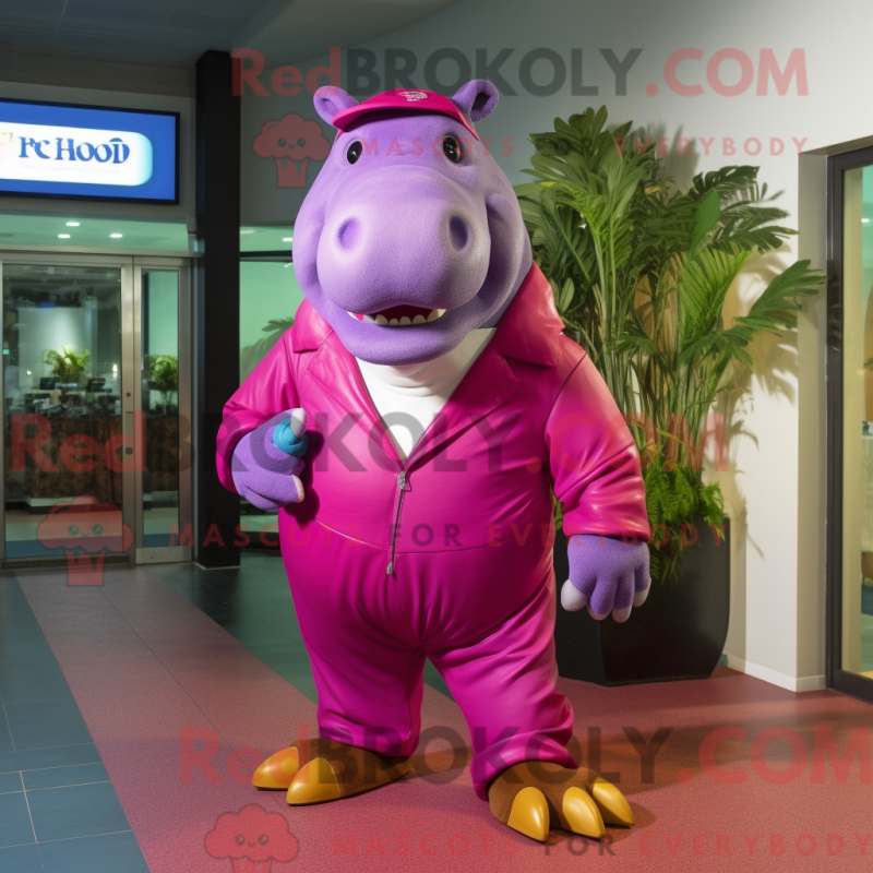Mascot character of a Magenta Hippopotamus dressed with a Bermuda Shorts and Belts