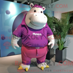 Mascot character of a Magenta Hippopotamus dressed with a Bermuda Shorts and Belts