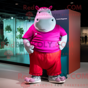 Mascot character of a Magenta Hippopotamus dressed with a Bermuda Shorts and Belts