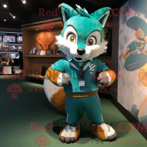 Mascot character of a Teal Fox dressed with a Rugby Shirt and Wraps