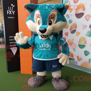 Mascot character of a Teal Fox dressed with a Rugby Shirt and Wraps