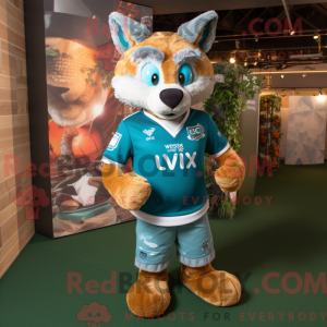 Mascot character of a Teal Fox dressed with a Rugby Shirt and Wraps