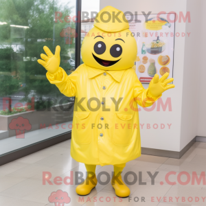 Mascot character of a Lemon Yellow Steak dressed with a Raincoat and Gloves