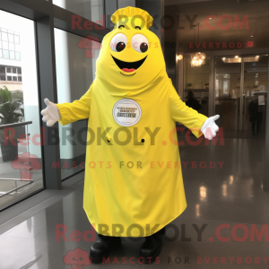 Mascot character of a Lemon Yellow Steak dressed with a Raincoat and Gloves