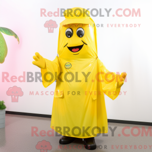 Mascot character of a Lemon Yellow Steak dressed with a Raincoat and Gloves