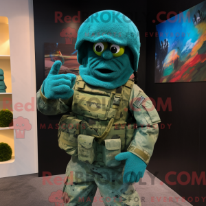 Mascot character of a Turquoise Green Beret dressed with a Cover-up and Foot pads