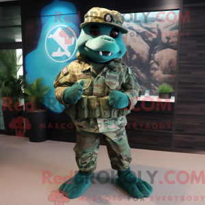 Mascot character of a Turquoise Green Beret dressed with a Cover-up and Foot pads