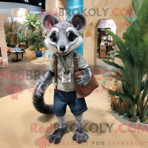 Mascot character of a Olive Civet dressed with a Denim Shorts and Handbags