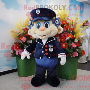 Mascot character of a Navy Bouquet Of Flowers dressed with a Vest and Necklaces