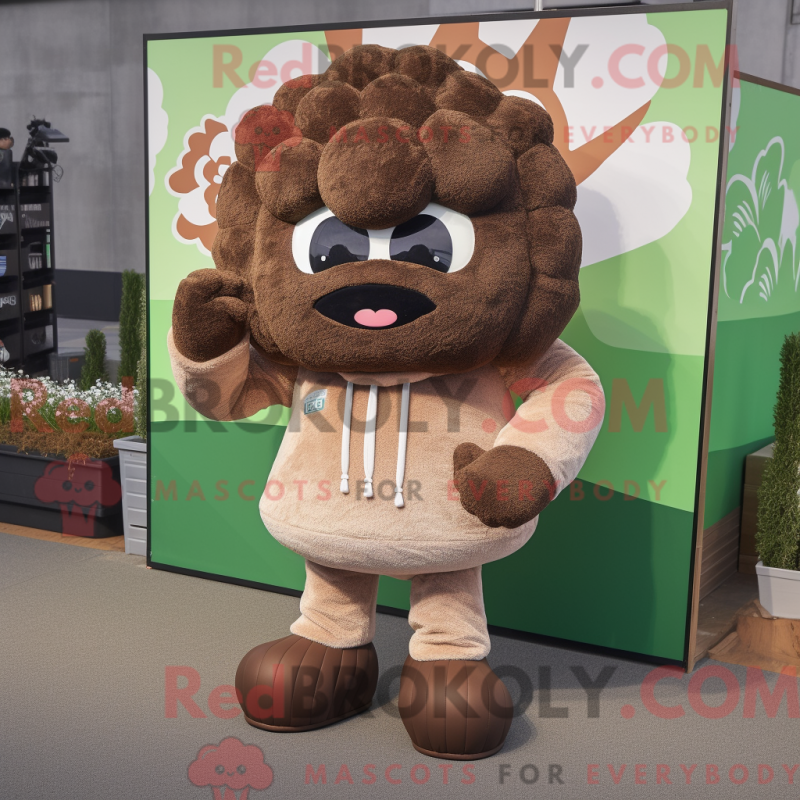 Mascot character of a Brown Cauliflower dressed with a Sweatshirt and Foot pads
