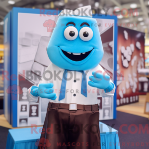 Mascot character of a Blue Chocolate Bars dressed with a Poplin Shirt and Cufflinks