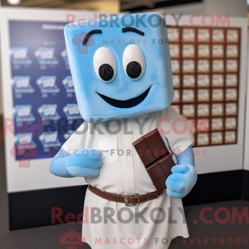 Mascot character of a Blue Chocolate Bars dressed with a Poplin Shirt and Cufflinks