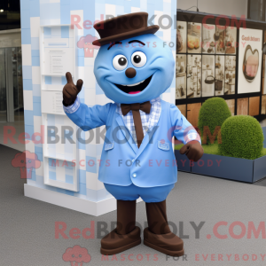 Mascot character of a Blue Chocolate Bars dressed with a Poplin Shirt and Cufflinks