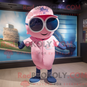 Mascot character of a Pink Blue Whale dressed with a Baseball Tee and Sunglasses