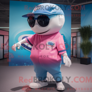 Mascot character of a Pink Blue Whale dressed with a Baseball Tee and Sunglasses