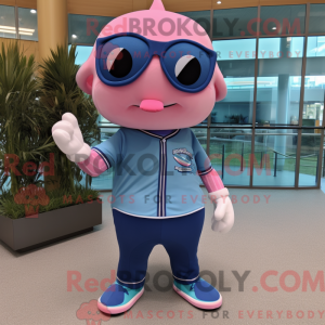 Mascot character of a Pink Blue Whale dressed with a Baseball Tee and Sunglasses