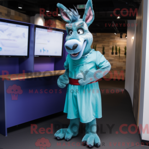 Mascot character of a Cyan Donkey dressed with a A-Line Skirt and Anklets