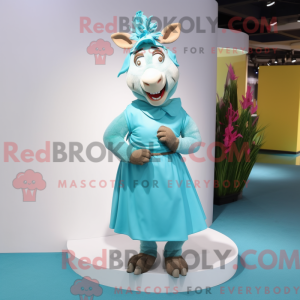 Mascot character of a Cyan Donkey dressed with a A-Line Skirt and Anklets