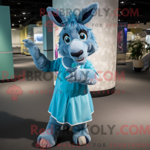 Mascot character of a Cyan Donkey dressed with a A-Line Skirt and Anklets