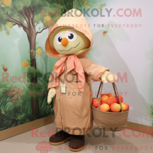 Mascot character of a Peach Scarecrow dressed with a Parka and Tote bags