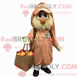 Mascot character of a Peach Scarecrow dressed with a Parka and Tote bags