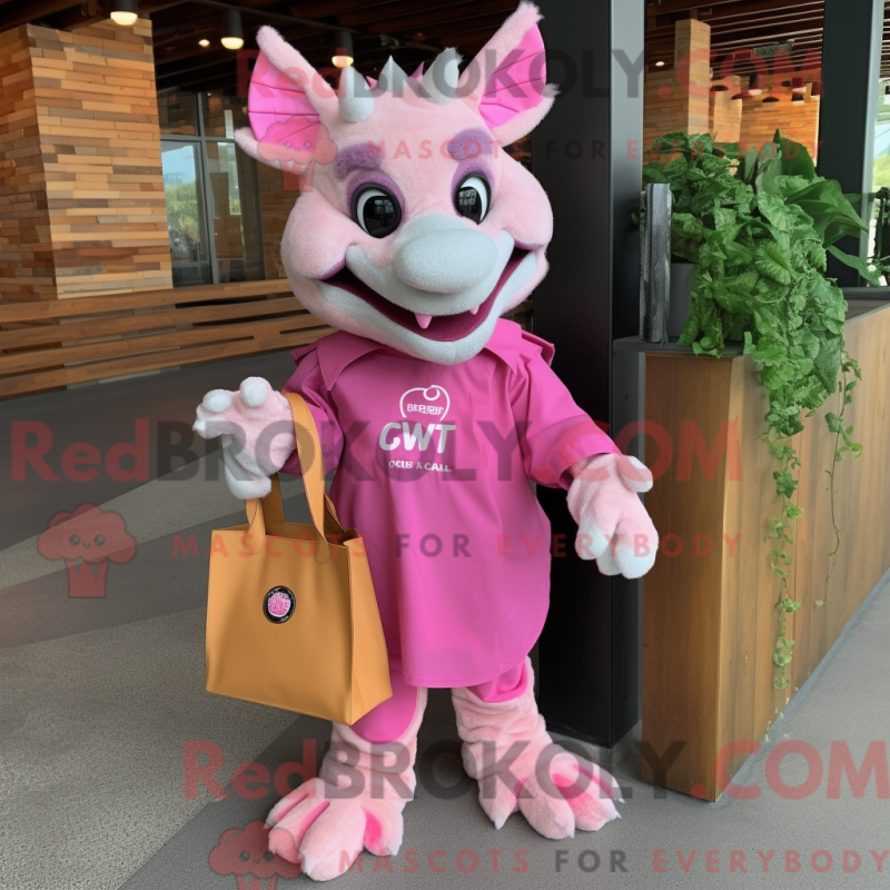 Mascot character of a Pink Gargoyle dressed with a Dress Shirt and Tote bags