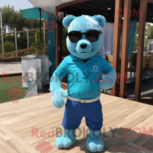 Mascot character of a Cyan Bear dressed with a Polo Tee and Sunglasses