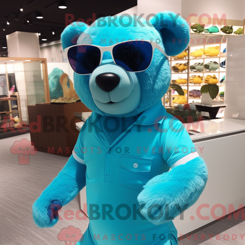 Mascot character of a Cyan Bear dressed with a Polo Tee and Sunglasses