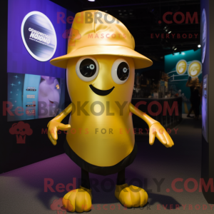 Mascot character of a Gold Squid dressed with a Bodysuit and Hat pins