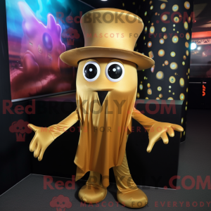 Mascot character of a Gold Squid dressed with a Bodysuit and Hat pins