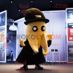 Mascot character of a Gold Squid dressed with a Bodysuit and Hat pins