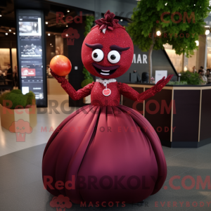 Mascot character of a Maroon Cherry dressed with a Ball Gown and Smartwatches