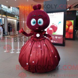 Mascot character of a Maroon Cherry dressed with a Ball Gown and Smartwatches