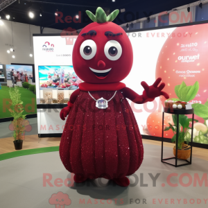 Mascot character of a Maroon Cherry dressed with a Ball Gown and Smartwatches