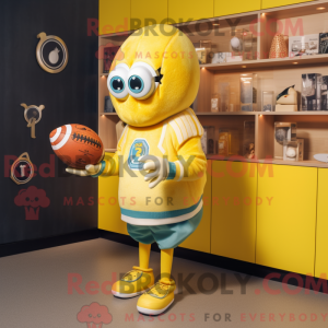 Mascot character of a Lemon Yellow American Football Helmet dressed with a Cardigan and Shawls