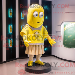 Mascot character of a Lemon Yellow American Football Helmet dressed with a Cardigan and Shawls
