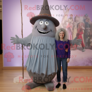 Mascot character of a Gray Witch'S Hat dressed with a Mom Jeans and Cummerbunds