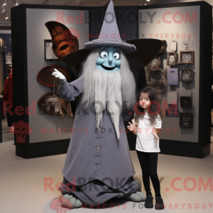 Mascot character of a Gray Witch'S Hat dressed with a Mom Jeans and Cummerbunds