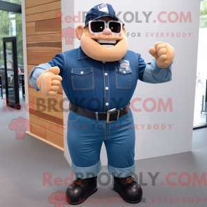 Mascot character of a Navy Strongman dressed with a Denim Shirt and Shoe clips