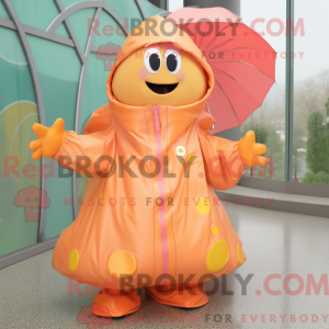 Mascot character of a Peach Spaghetti dressed with a Raincoat and Rings