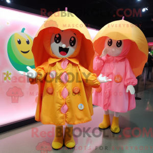 Mascot character of a Peach Spaghetti dressed with a Raincoat and Rings