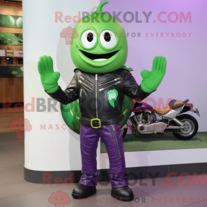 Mascot character of a Green Eggplant dressed with a Moto Jacket and Bracelet watches