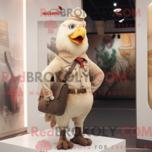 Mascot character of a Beige Roosters dressed with a Bootcut Jeans and Handbags