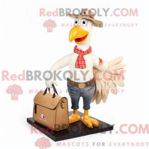 Mascot character of a Beige Roosters dressed with a Bootcut Jeans and Handbags