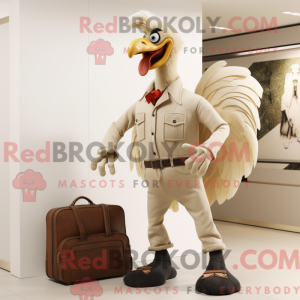 Mascot character of a Beige Roosters dressed with a Bootcut Jeans and Handbags