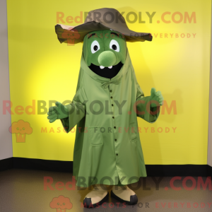 Mascot character of a Olive Steak dressed with a Raincoat and Hat pins